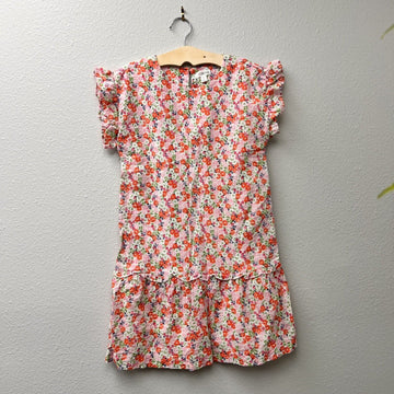 Gymboree Floral Dress Pink Orange Cotton Flutter Fly Girls Size 7/8 Small