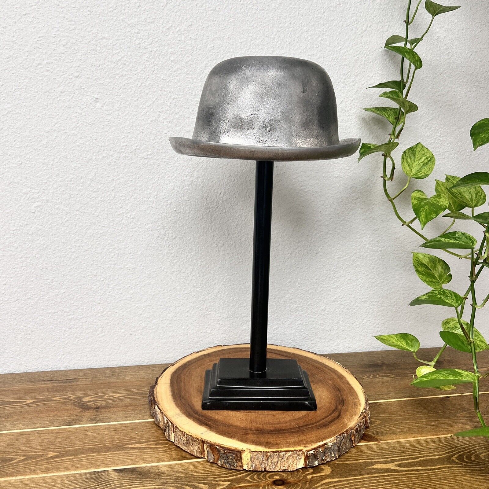 Cast Metal Bowler Hat Block Form Mold Repro Sculpture on Stand Vintage