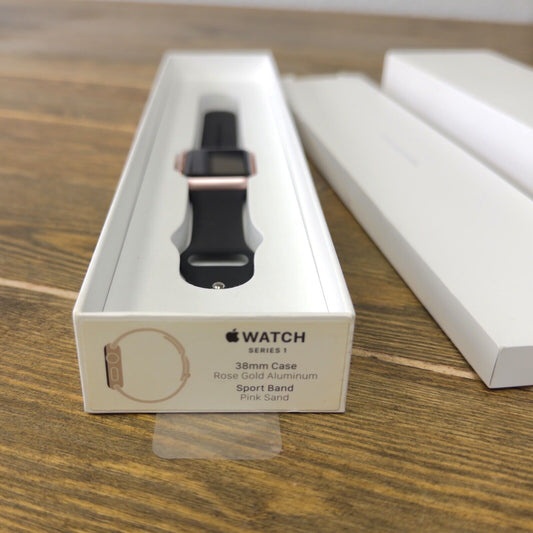 Apple Watch Series 1 Rose Gold 38mm Aluminum Case with Black Sport Band and Box