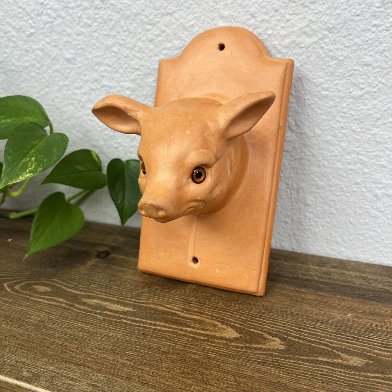 Vintage Terra Cotta Ceramic Pig Head Towel Apron Wall Mount Hook Hanging