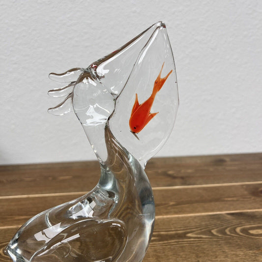 Clear Art Glass Pelican With Fish Sculpture/figurine Orange Fish