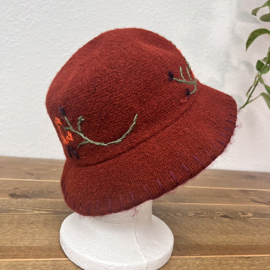 Gap Bucket Hat Wool Blend Warm Maroon Flower Floral Y2K Embroidery Beaded