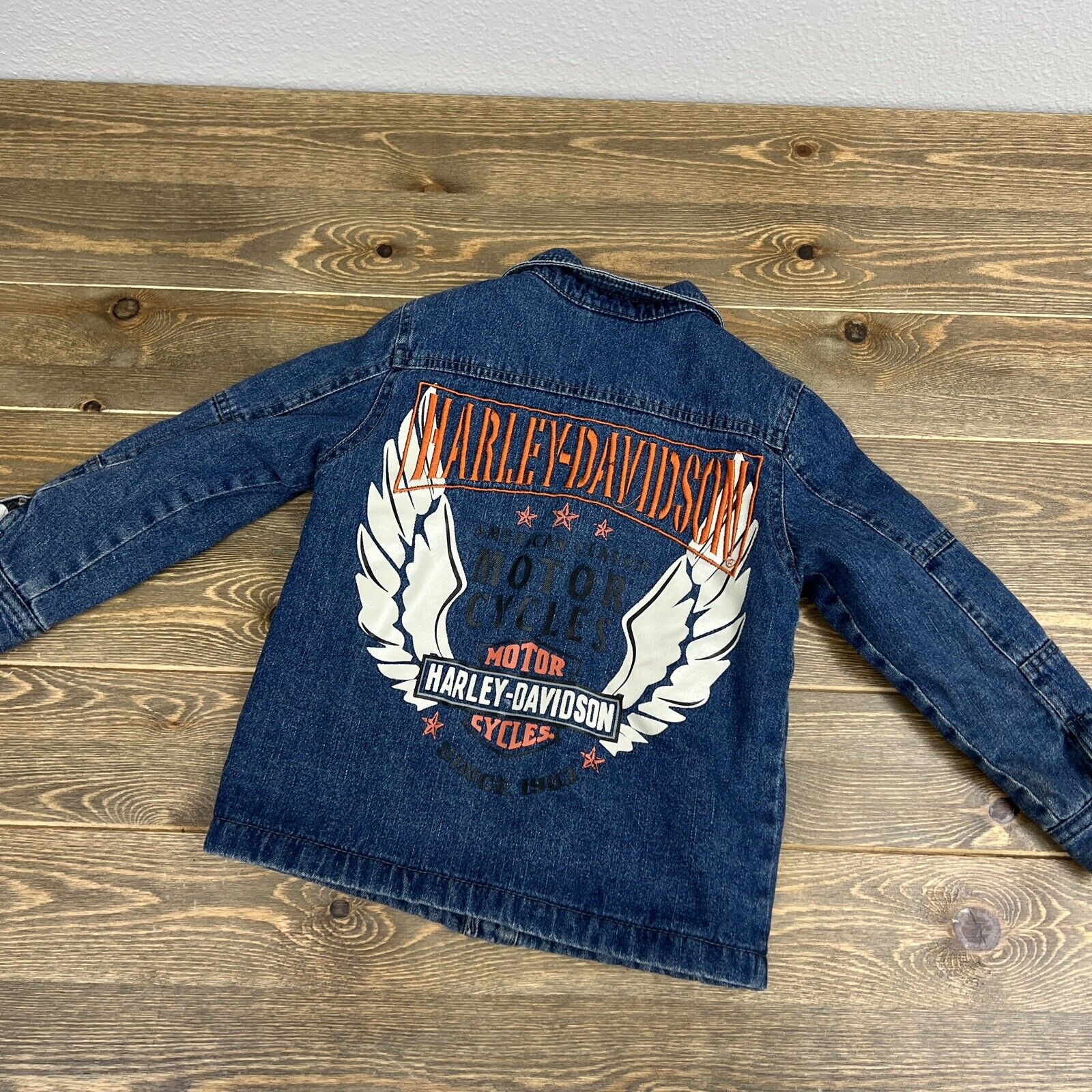 Boys Harley Davidson Blue Denim Jean Jacket Size 4 Quilted Lining Warm Button Up