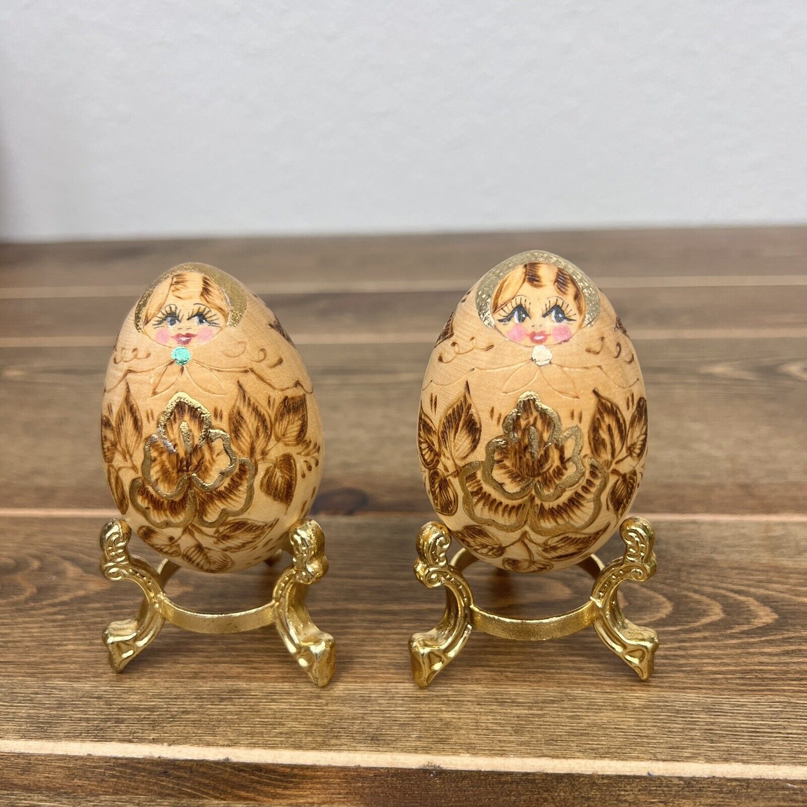 Hand Crafted Burned Wooden Eggs Art Gold Trim w/Stand Set Of 2 Vintage