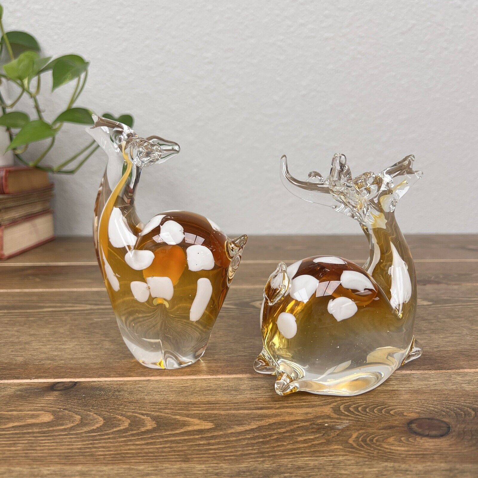 Blown Glass Paperweight Deer Amber White Spots No Label Set Of 2