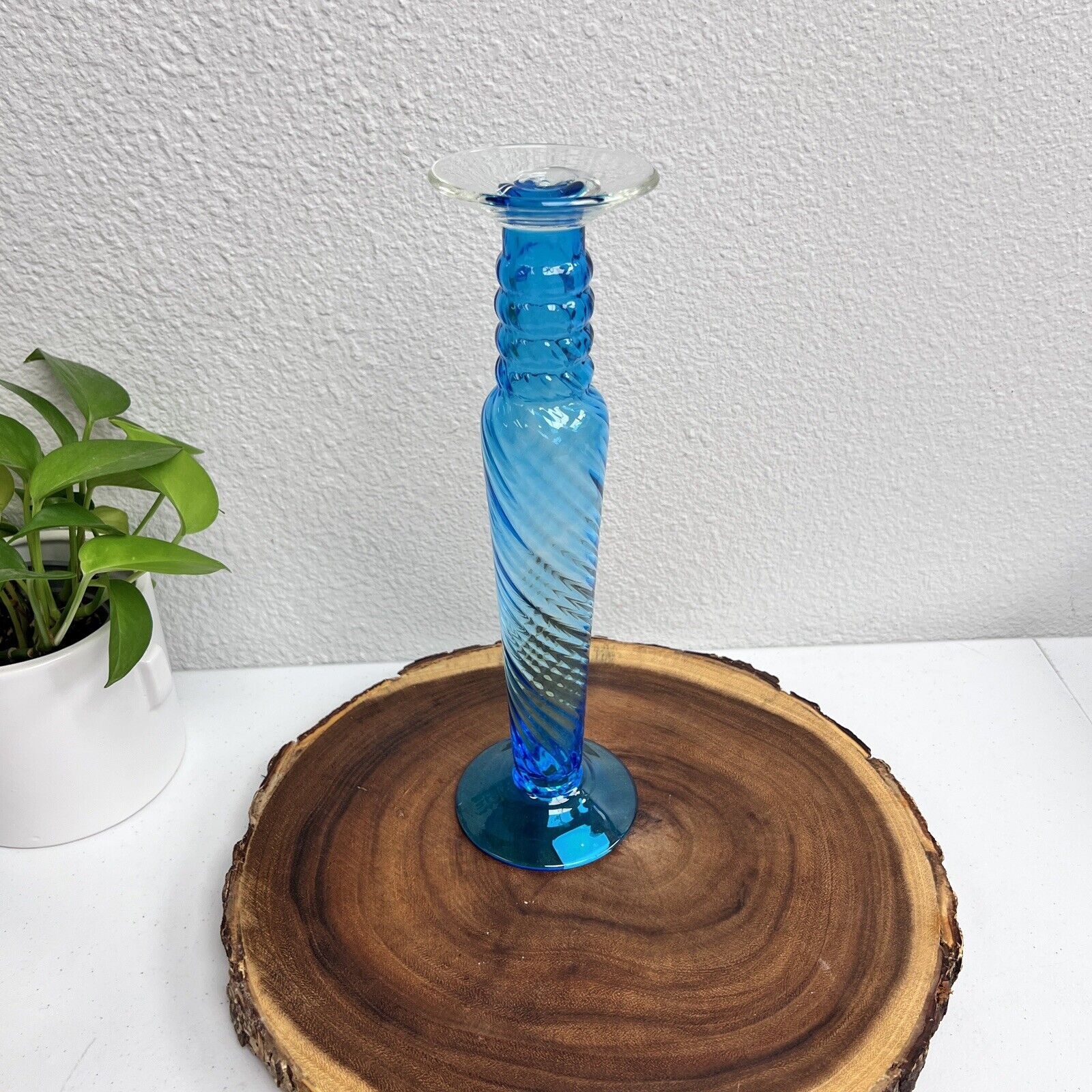 Vintage Empoli Style Aqua Blue Glass Candle Holder