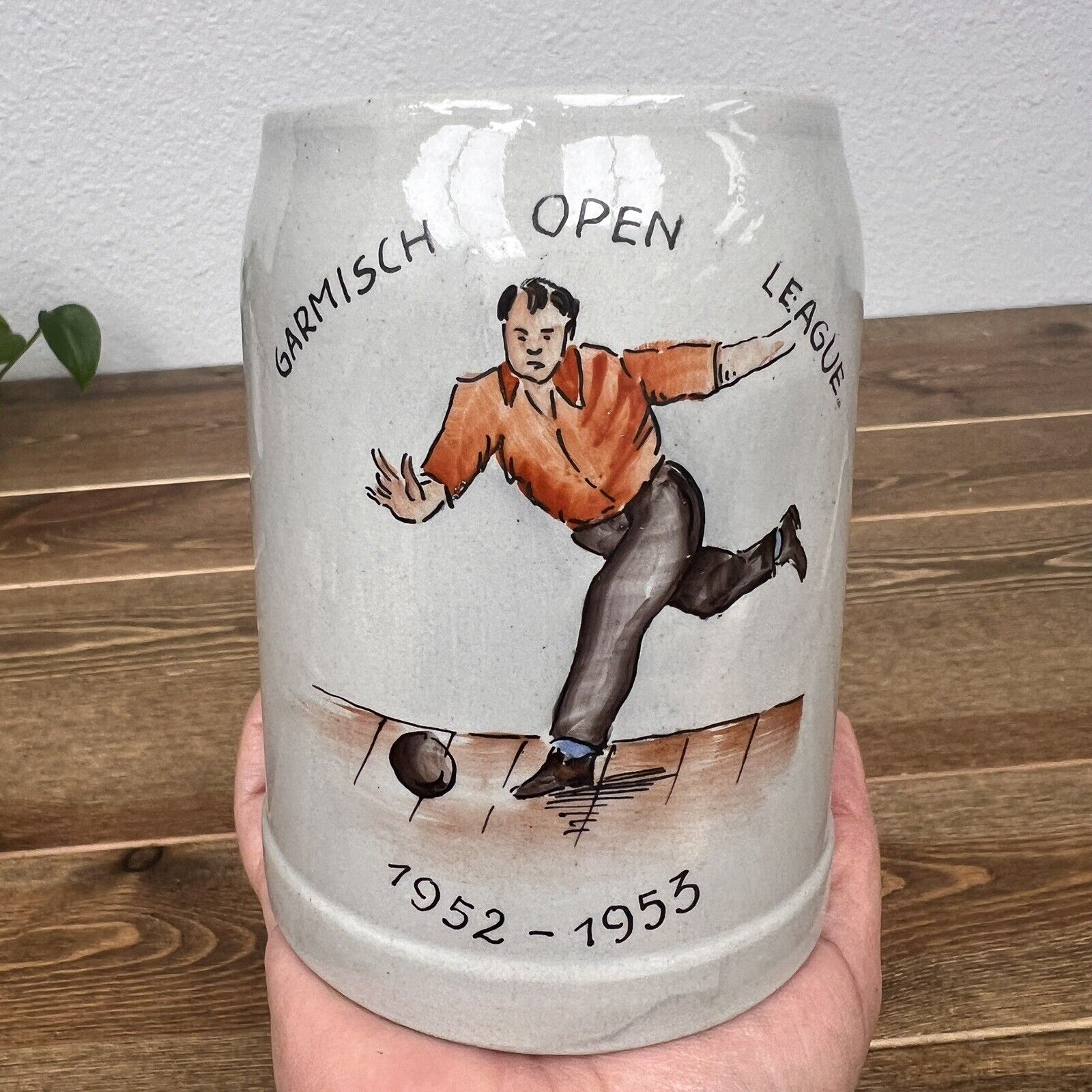 Vintage 0.5 LITRE Garmisch Open League 1952-53 Bowling Beer Mug Stein German