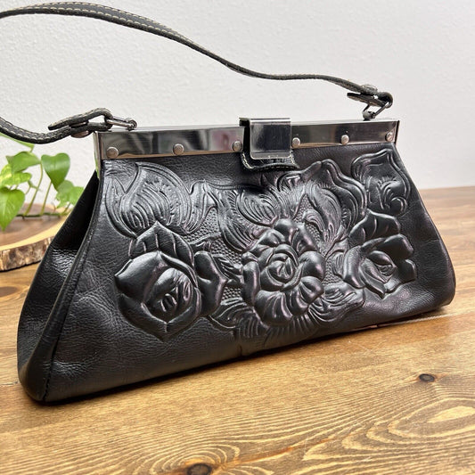 Patricia Nash Dark Blue Rose Tooled Italian Leather Frame Handbag