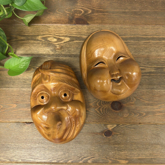 Set 2 Japanese Noh Wood Mask Kabuki Hand Carved 8" Tall Vintage 1970s Wall Decor