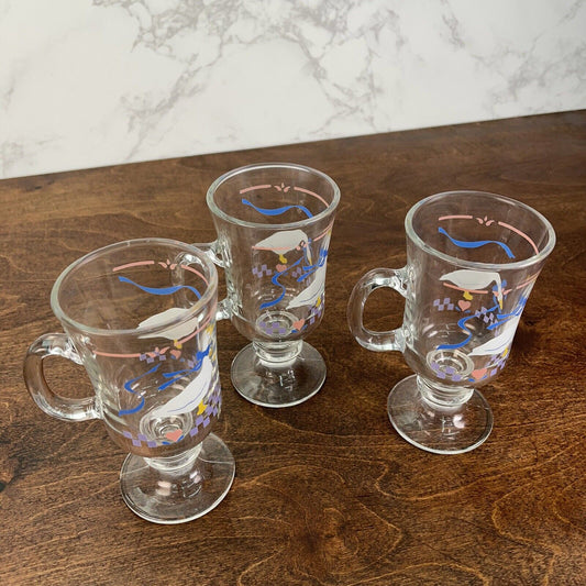 Vintage 80s Set of 3 Goose Iris Coffee Mug Glass By Libbey Geese at 6” Tall