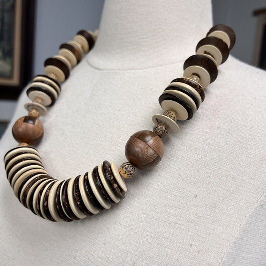 Vintage Mixed Wood Beads Necklace Statement Disc Sphere Ethnic Tribal