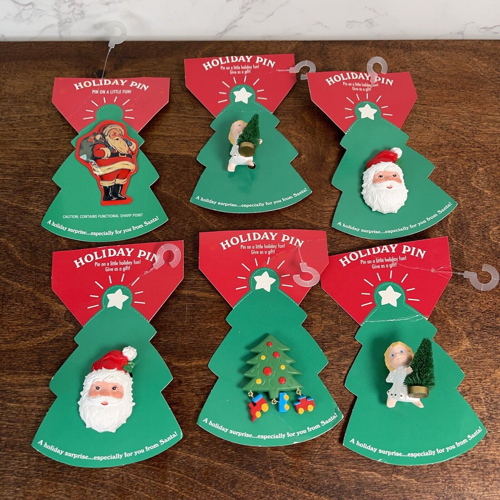 HALLMARK Holiday Lapel Pin GIRL ANGEL with TREE, Santa & Tree Original  Set Of 6