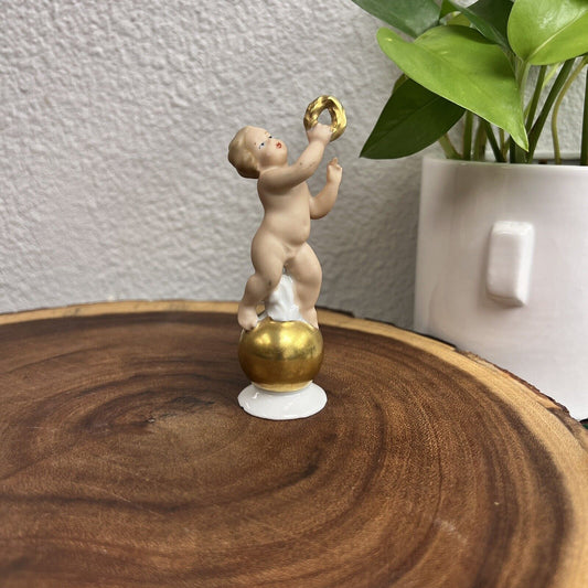 Gerold Porzellan Bavaria Putti Cherub Orchestra Tamborine on Gold Ball 4” Gift