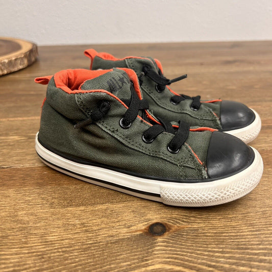 Converse Child's SZ 9 Slip-On Chuck Taylor’s Army Green Orange Stretch Lace