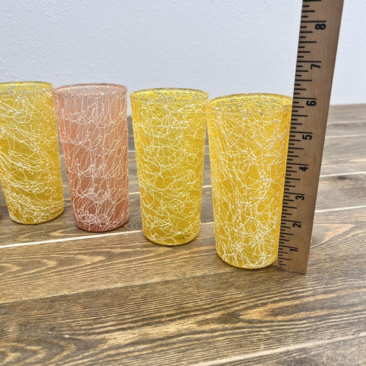 Lot 6 Vtg Spaghetti String Drinking Glass Tumblers 1950s Shat-R-Pruf Color Craft