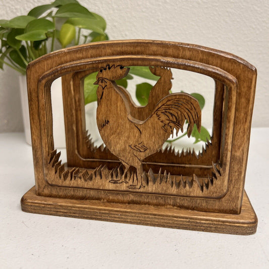 Vintage Hand Crafted Wooden Rooster Chicken Napkin Holder, Farmhouse Country