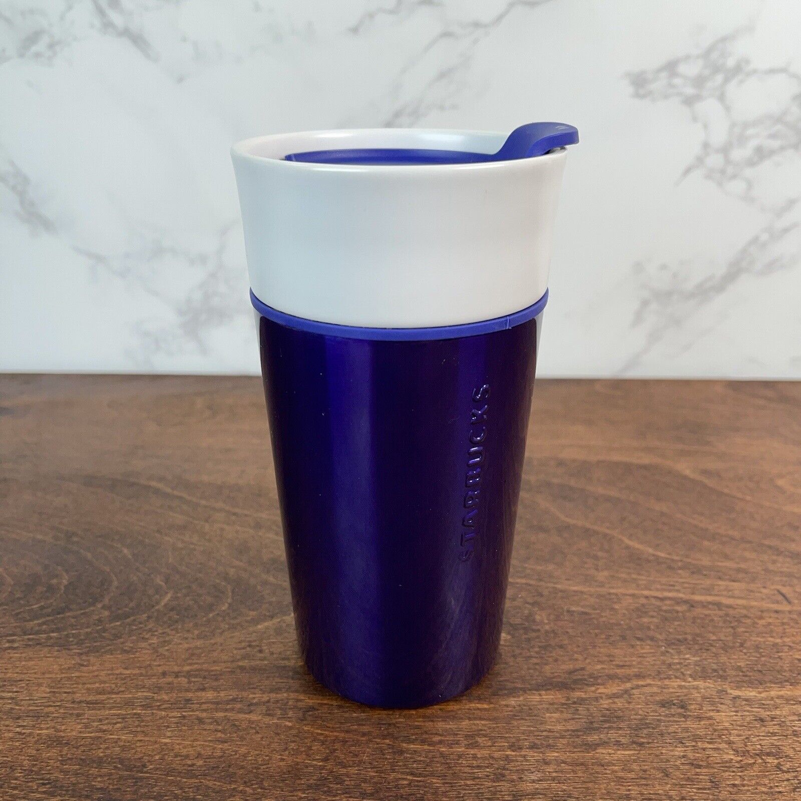 Starbucks 2015 Metallic Purple & White Coffee Cup Tumbler w/Lid Insulated 12oz