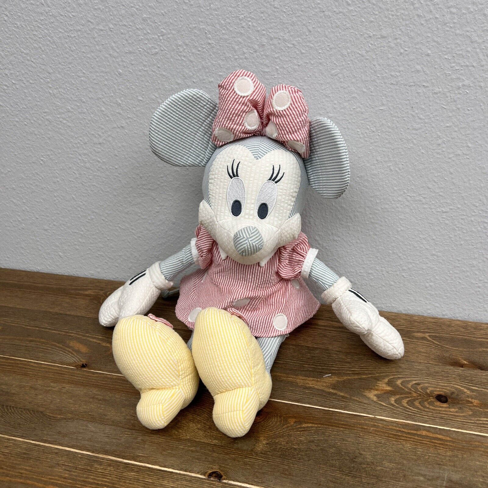 DISNEY Seersucker Minnie Mouse Railroad Stripe Embroidered Plush Toy