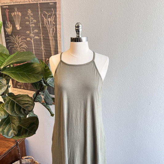 Anrabess Olive Green Maxi Sundress Pockets Casual Beachy Short Sz M