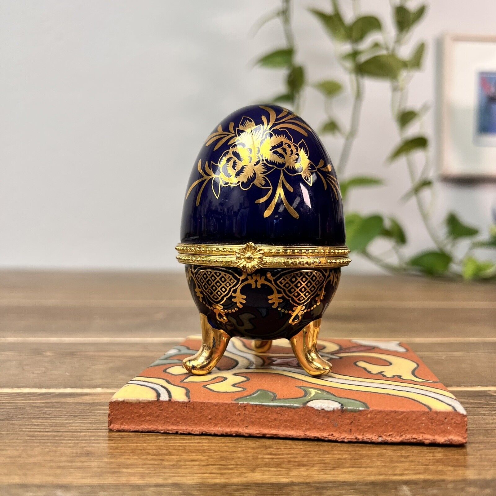 Vintage Porcelain Egg Jewelry Trinket Box Cobalt Gold Plated