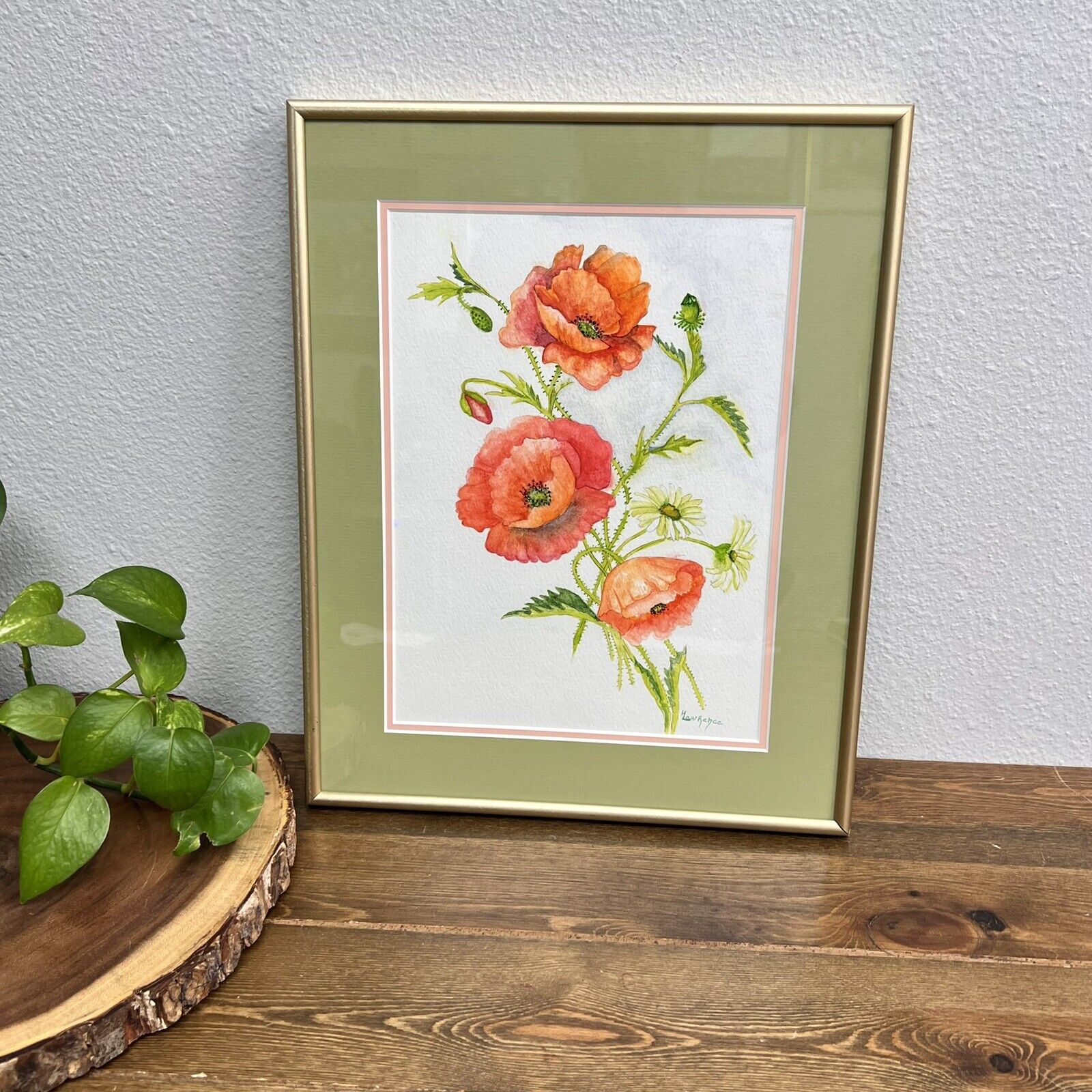 Poppies Watercolor Painting Botanical Wall Decor Red Flower Art Signed & Framed