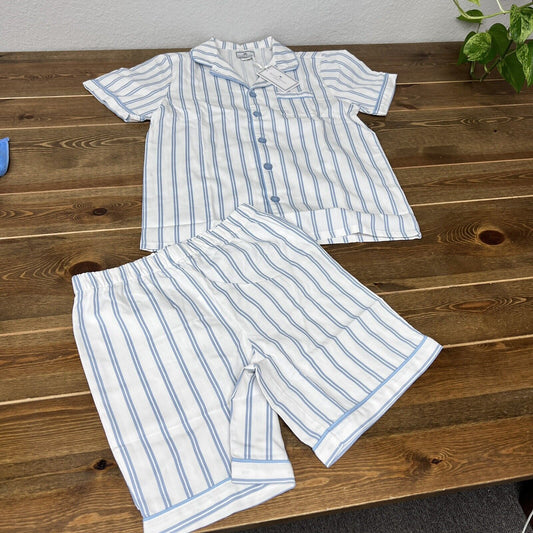 Petite Plume Twill Pajama Short Set Periwinkle Stripe Blue White SZ 12