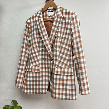 Women's Nine West Relaxed Double-Breasted Fall Plaid Blazer, Mocha, Size L