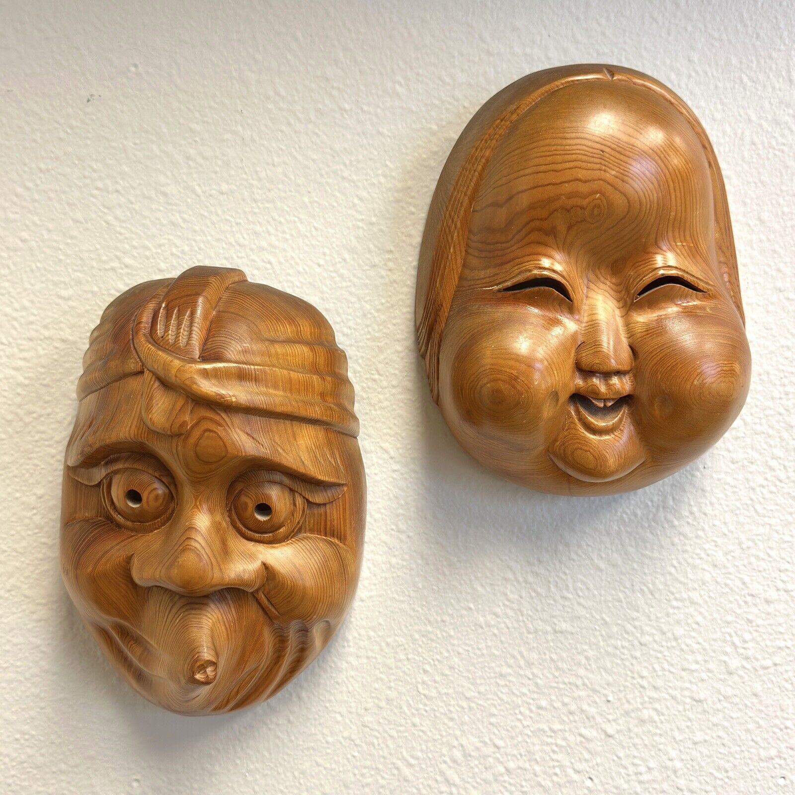 Set 2 Japanese Noh Wood Mask Kabuki Hand Carved 8" Tall Vintage 1970s Wall Decor