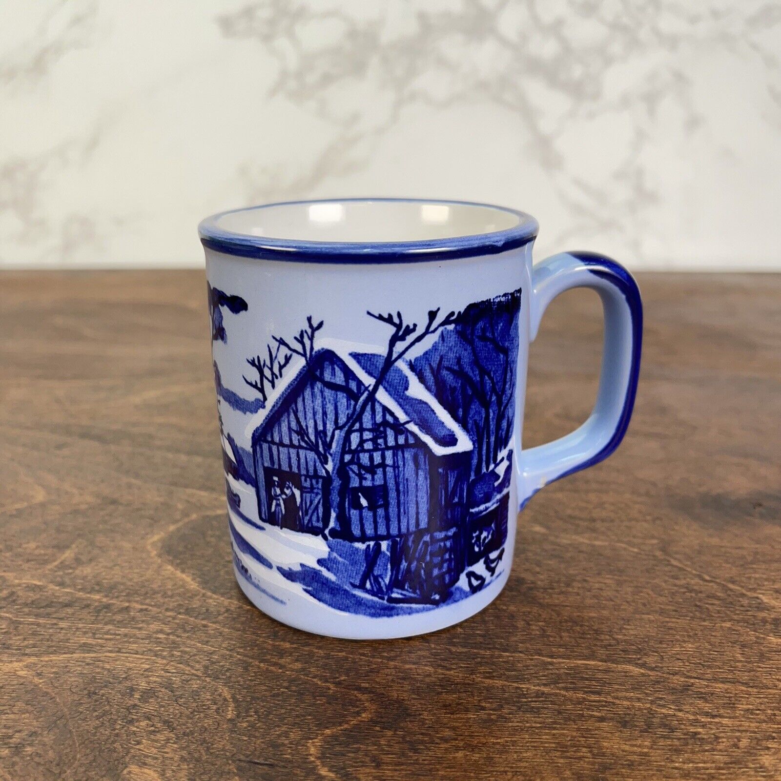 Vintage Blue Winter Barn Scene Horse Coffee Tea Mug Cup Made In Japan