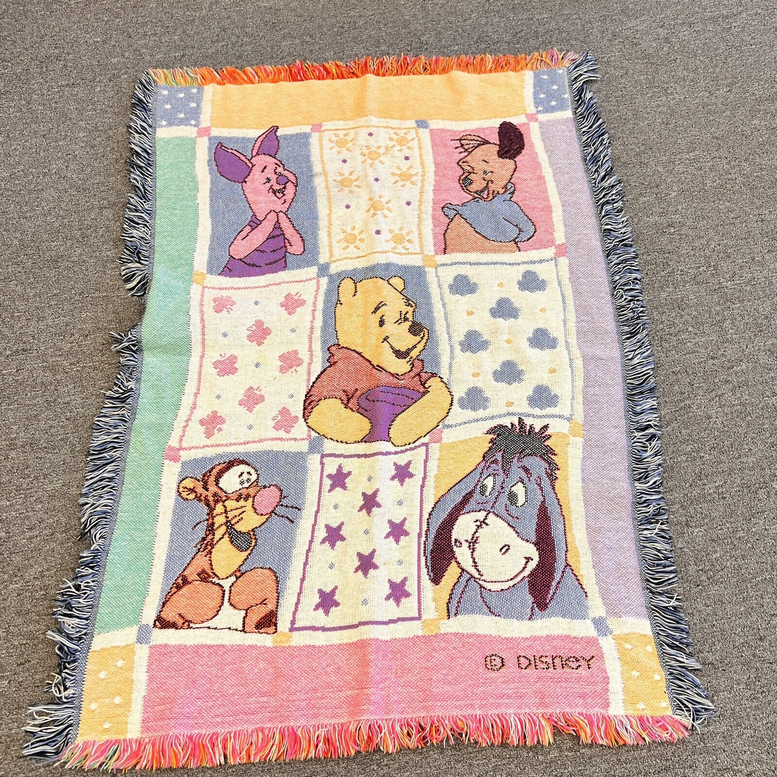 Vintage 1990's Disney Winnie The Pooh & Friends Woven Tapestry W/fringe