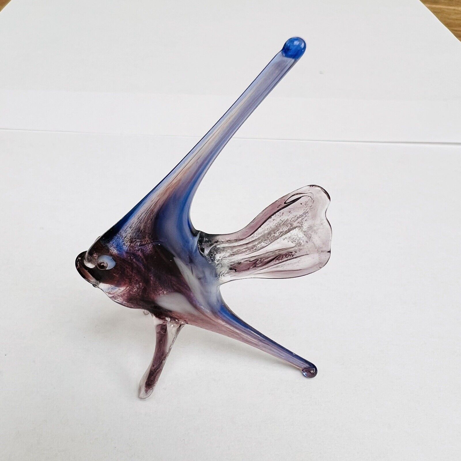 Hand Blown Art Glass Angel Fish Figurine Swirls of Purple & Blue