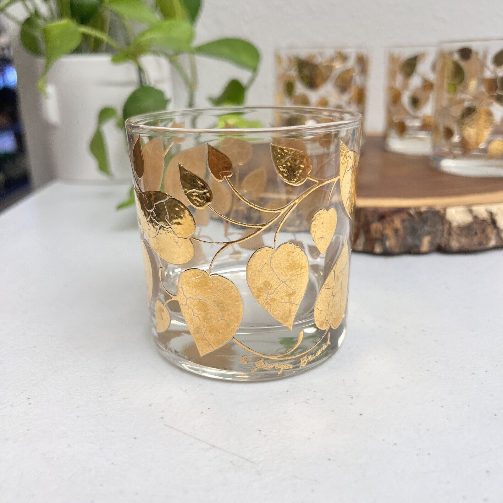 Set of 4 Georges Briard Double Old Fashioned Glasses Gold Leaf