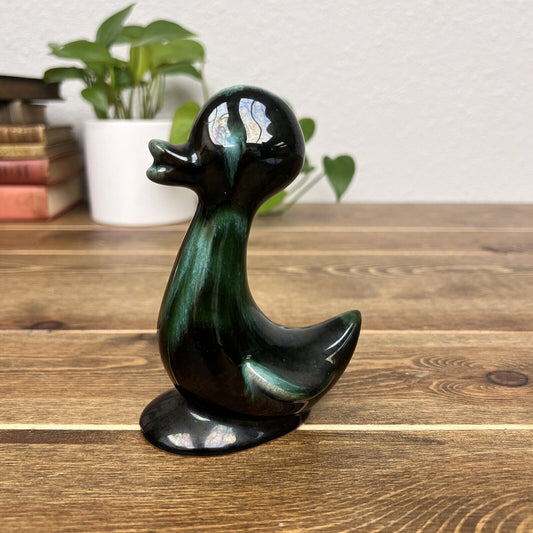 Vintage Blue Mountain Pottery Duck Figurine 5.5” Green Black Drip Glaze