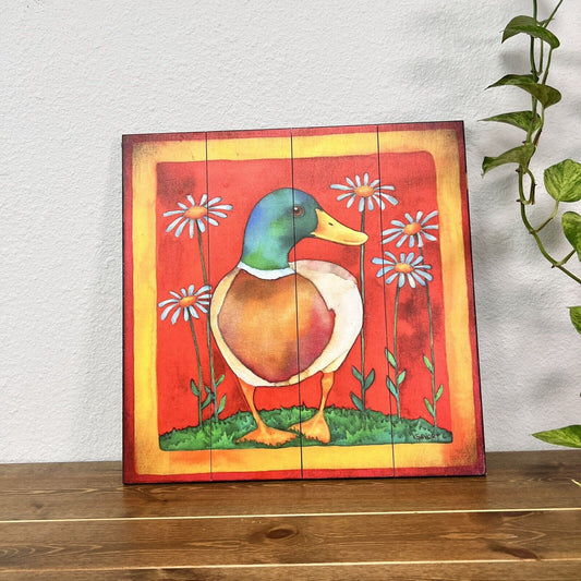 Whimsical watercolor duck print on wood, artwork by Karen Savory USA