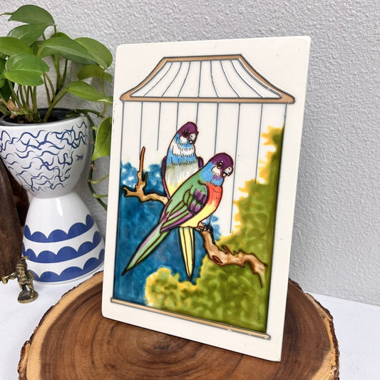 Vintage ceramic Art tile Tropical birds, hang or stand