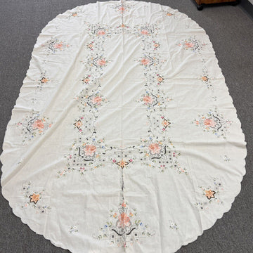 Hand Embroidered Floral Table Cloth 91 X 62 " Vintage