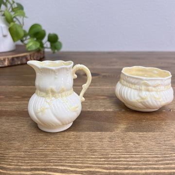 Vintage Belleek Pottery Ireland Tridacna Yellow Ribbon Sugar Bowl & Creamer