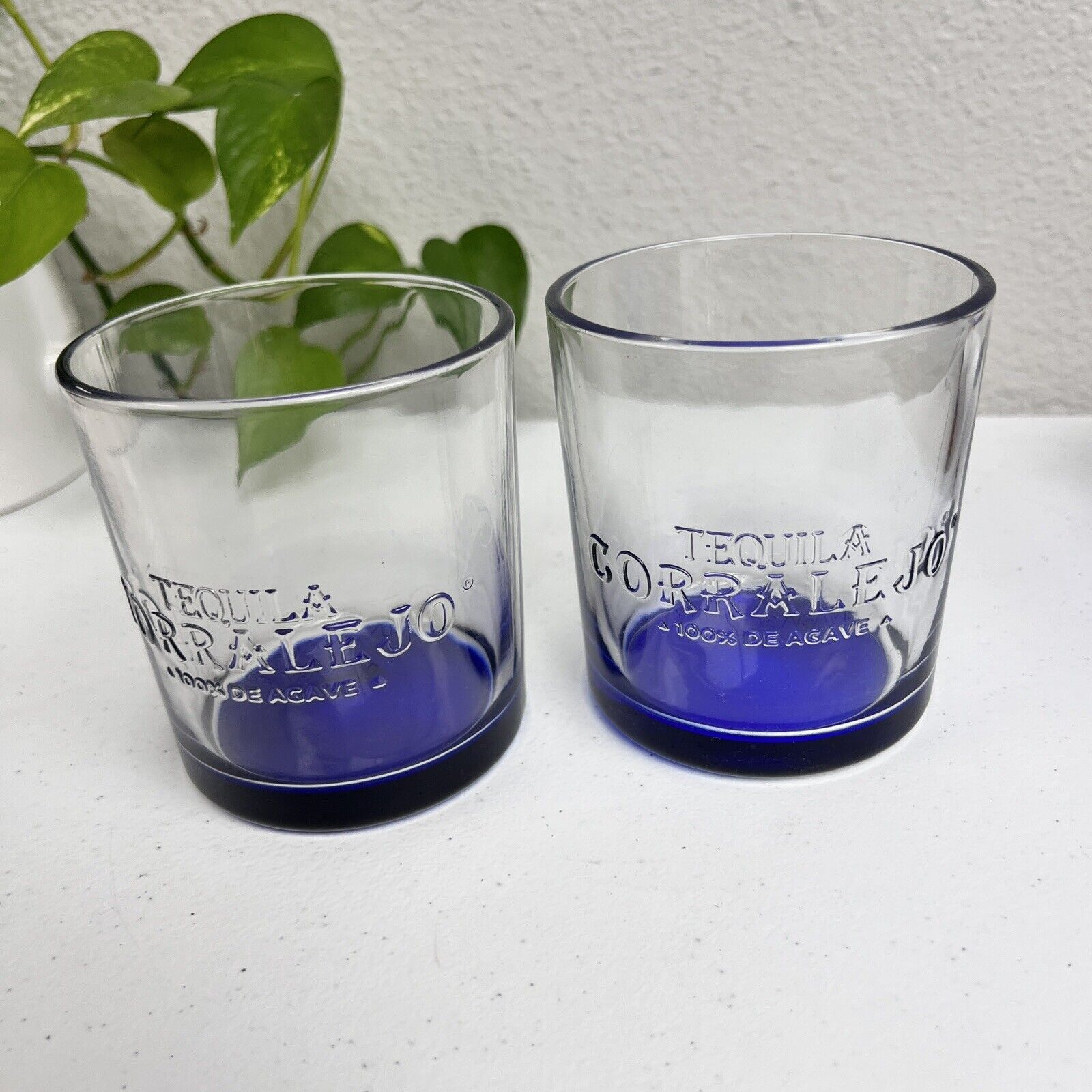 Lot Of 2 New Corralejo Tequila Glasses Tumbler Rocks Short Glasses Blue Logo