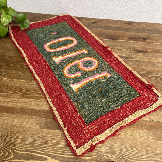 Vintage Antique? Handcrafted 1910 Mark - Hook Rug Yarn Red & Green Rug Mat