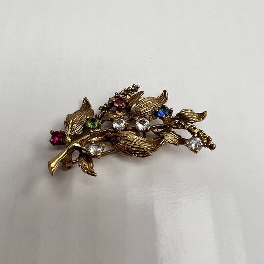 925 Sterling Gold Plated Vintage Multi-Color C Z Branch W/ Leaves Pin Brooch