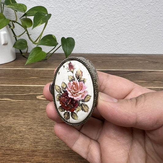 VTG Porcelain and Metal Red & Pink Rose Floral Design Small Pill Box