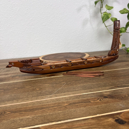 Hand Carved New Zealand Wood Waka Maori Warrior Canoe 3 Oars Inlay Signed