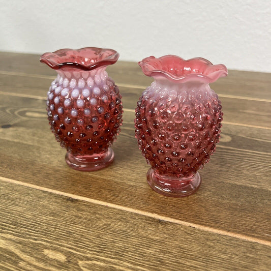 2 Vintage Fenton cranberry opalescent hobnail Vases