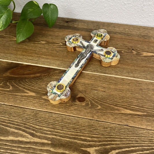 Wall Cross Crucifix  Mother of Pearl Olive Wood Handmade inJerusalem Holy land