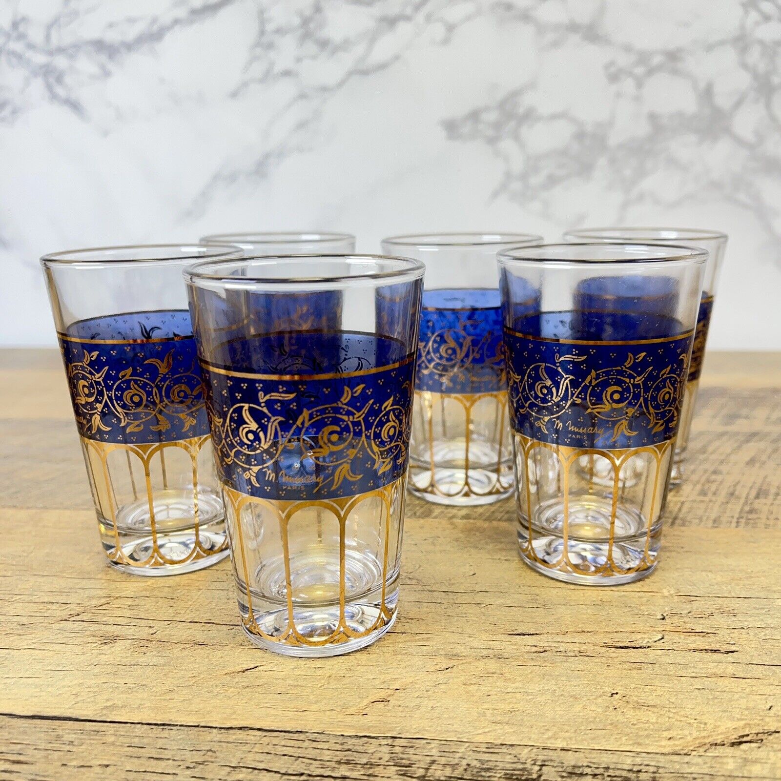 Set of 6 M Missary Paris Blue and Gold Juice Glasses