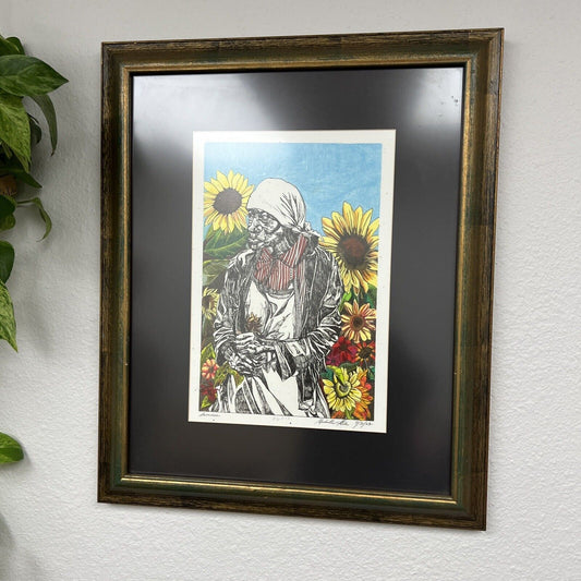 Vintage Summer Sunflower Print Framed Flower Farmer Pen Stroke Artwork 19” x 23”