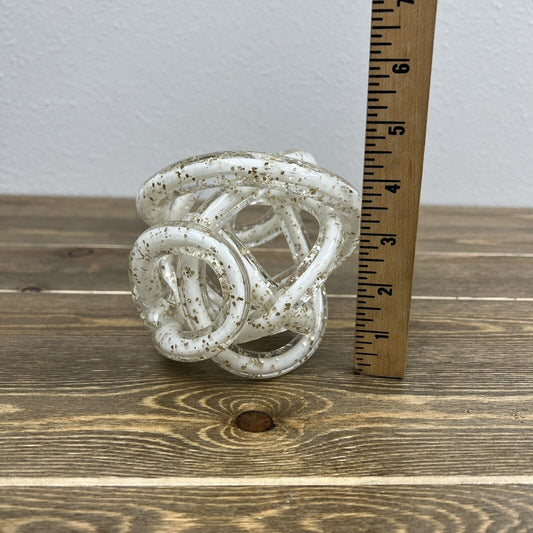 Hand Blown Art Glass Abstract Twisted Rope Knot Sculpture White w Silver Flecks