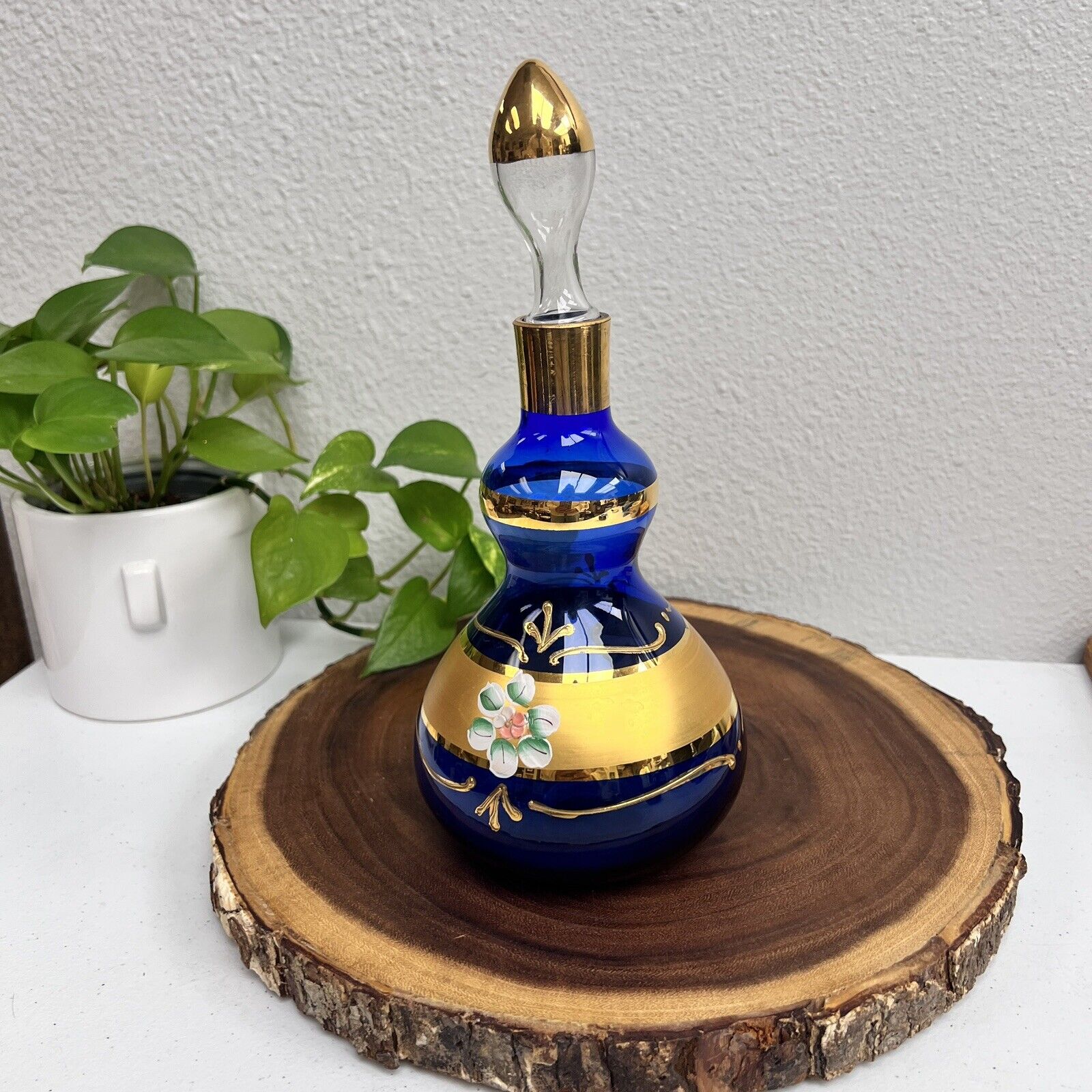 1960’s Tre Fuochi 24kt Gold Hand Painted Cobalt Blue Crystal Decanter