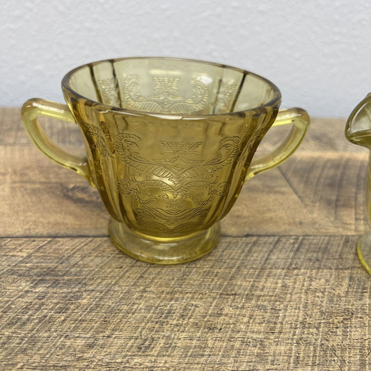 Federal Amber/Yellow Depression Glass Madrid Style Cream and Sugar Vintage Set 3