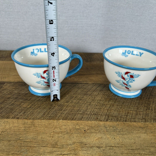 STARBUCKS 2007 10 oz BLUE & WHITE Jolly Candy Cane Holiday Mug Set of 2